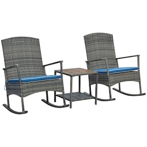 3-Piece PE Rattan Patio Wicker Outdoor Rocking Chair Set, Recliner Rocker Chair with Soft Blue Cushion and Coffee Table