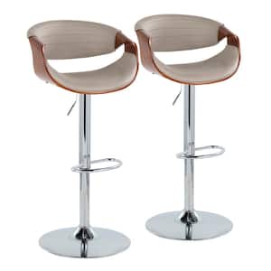 Symphony 42.5 in. Light Grey Faux Leather, Walnut Wood & Chrome Metal Adjustable Bar Stool with Oval Footrest (Set of 2)