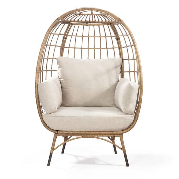 Zeus & Ruta Yellow Swivel Wicker Egg Outdoor Lounge Chair with Beige Cushions for Patio, Living Room