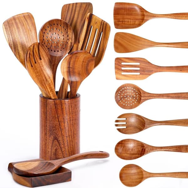 9-Piece Natural Teak Wooden Utensil Set with Spoon Rest, Comfort Grip, Wooden Spoons and Utensils Holder for Kitchen