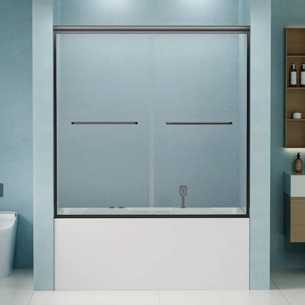 Reversible 56 to 60 in. W x 58 in. H Semi-Frameless Double Sliding Tub Door in Matte Black with Tempered Clear Glass