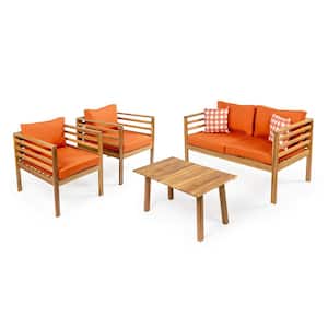 Thom 4-Piece Mid-Century Acacia Wood Outdoor Patio Set and Plaid Decorative Pillows, Orange/Teak Brown Cushions