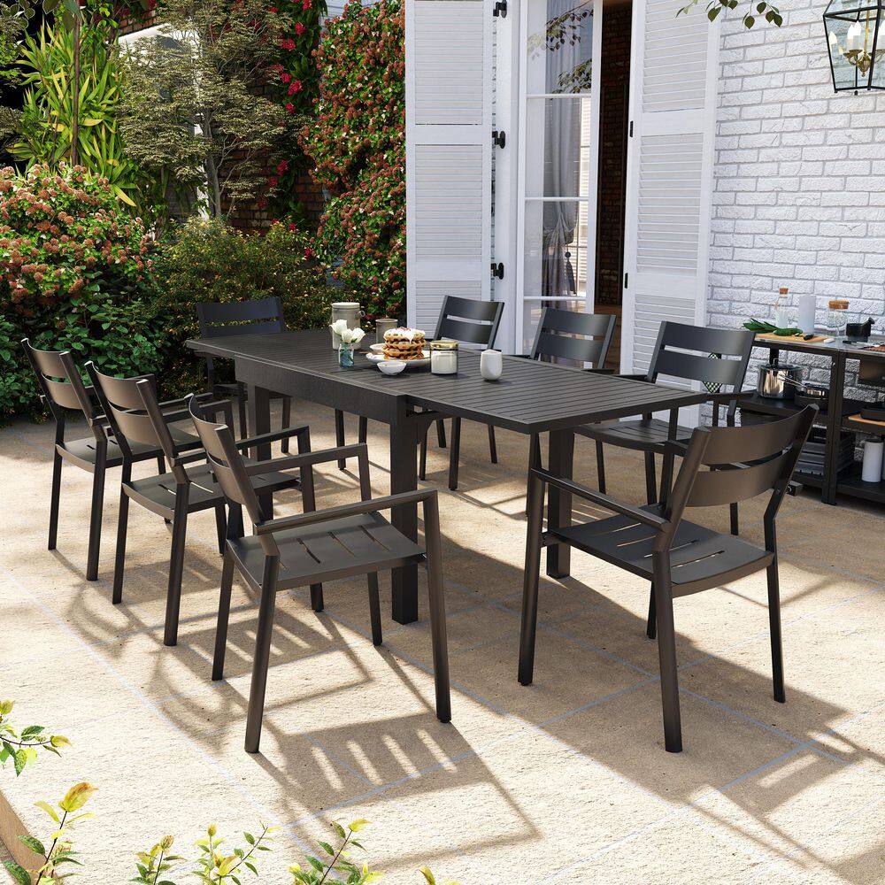 9 Pieces Black Aluminum Rectangular Outdoor Dining Set with Extendable Table and Stackable Armchairs