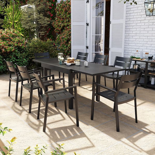 Pellebant 9 Pieces Black Aluminum Rectangular Outdoor Dining Set with Extendable Table and Stackable Armchairs