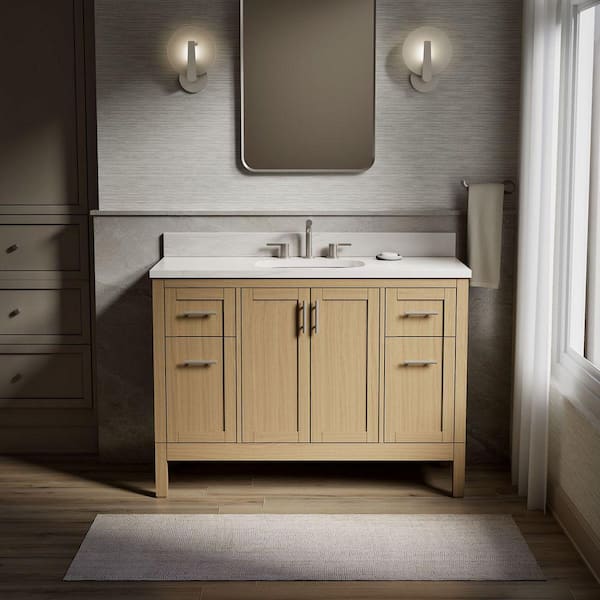 Hadron 49 in. Single Sink Freestanding Light Oak Bath Vanity with White Quartz Top Assembled