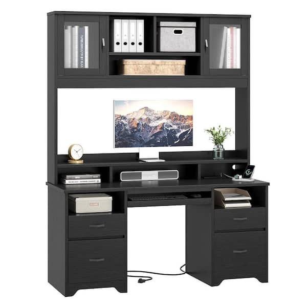 59 in. Rectangular Black Ergonomic Computer Desk with Hutch and Power Hub Home Office Desk with Keyboard Tray, LED Light