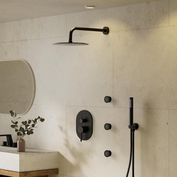 ClassicRain 12 in. Single Handle 3-Spray Tub and Shower Faucet with 3 Body Sprays 2.5 GPM in Matte Black Valve Included