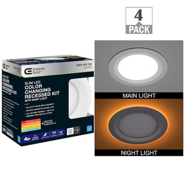 Commercial Electric 4 in. Canless Adjustable CCT Integrated LED Recessed Light Trim Night Light 650lms New Construction Remodel (4-Pack)