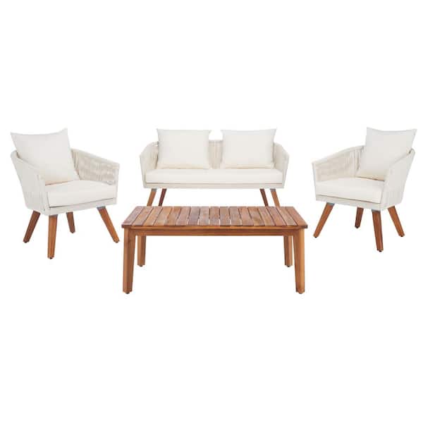 Velso Beige 4-Piece Wood Patio Conversation Set with Beige Cushions