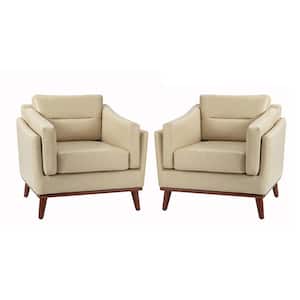 Ignace Mid-Century Leather Upholstered Sofa Beige Arm Chair with Solid Wood Legs (Set of 2)