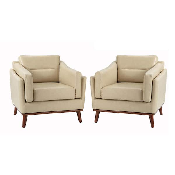 JAYDEN CREATION Ignace Mid-Century Leather Upholstered Sofa Beige Arm Chair with Solid Wood Legs (Set of 2)