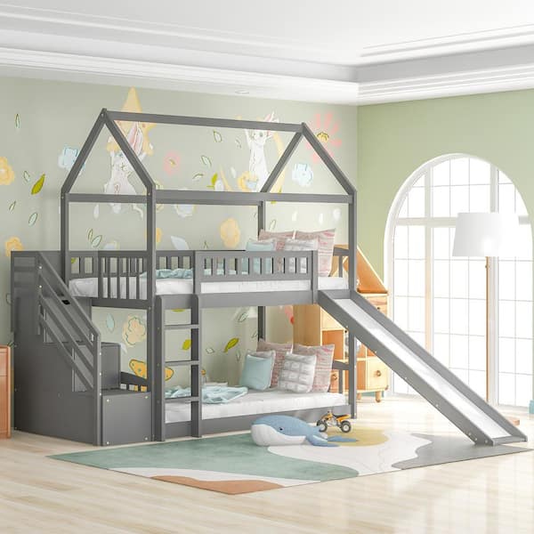 Gray Twin Wood House Bunk Bed, Twin Loft Bed With Storage And Slide