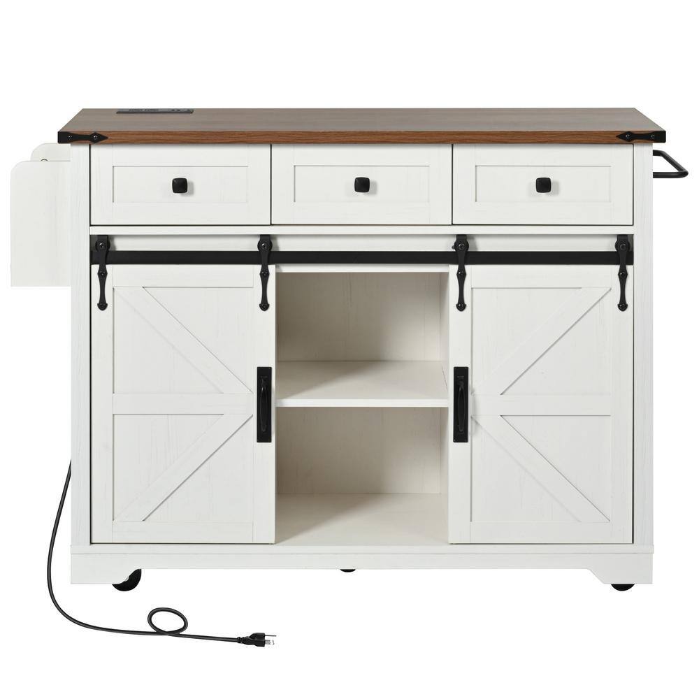 White Wood Countertop 53.75 in. Kitchen Island on 5-Wheels with Drop Leaf, 