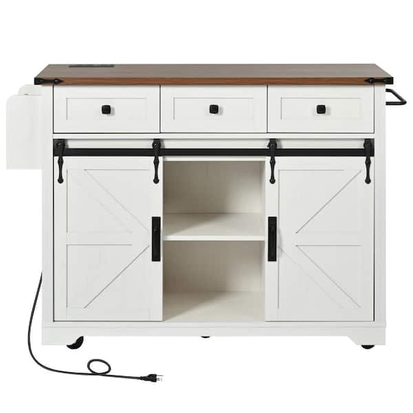 Unbranded White Wood Countertop 53.75 in. Kitchen Island on 5-Wheels with Drop Leaf, 2-Sliding Barn Door and Spice Rack