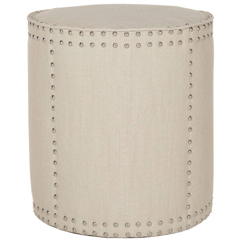 Beige Round Linen Ottoman with Nail Head Trim