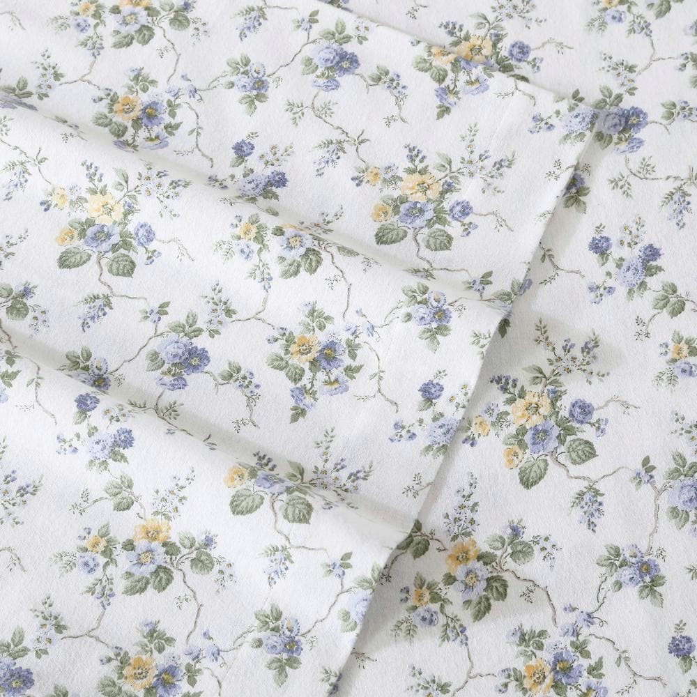 Queen Size Cottage Blue Floral Cotton Flannel Sheet Set