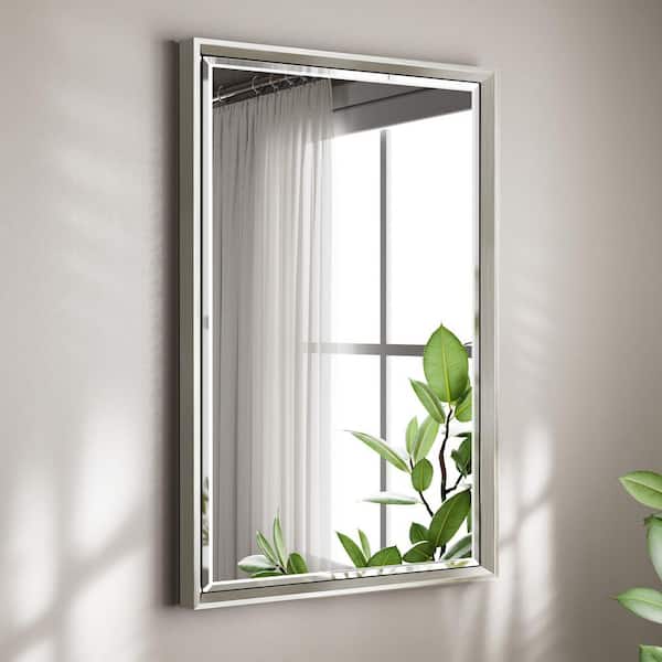 OnaBella 16 in. W x 24in. H Rectangular Aluminum Thin Framed Wall Mount Beveled Bathroom Vanity Mirror in Brushed Nickel
