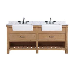 Marina 72 in. Double Bath Vanity in Driftwood with Marble Vanity Top in Carrara White with White Farmhouse Basins