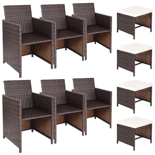 ANGELES HOME Mix Brown Wicker PE Rattan Outdoor Dining Chair with Beige Cushion (10-Pack)