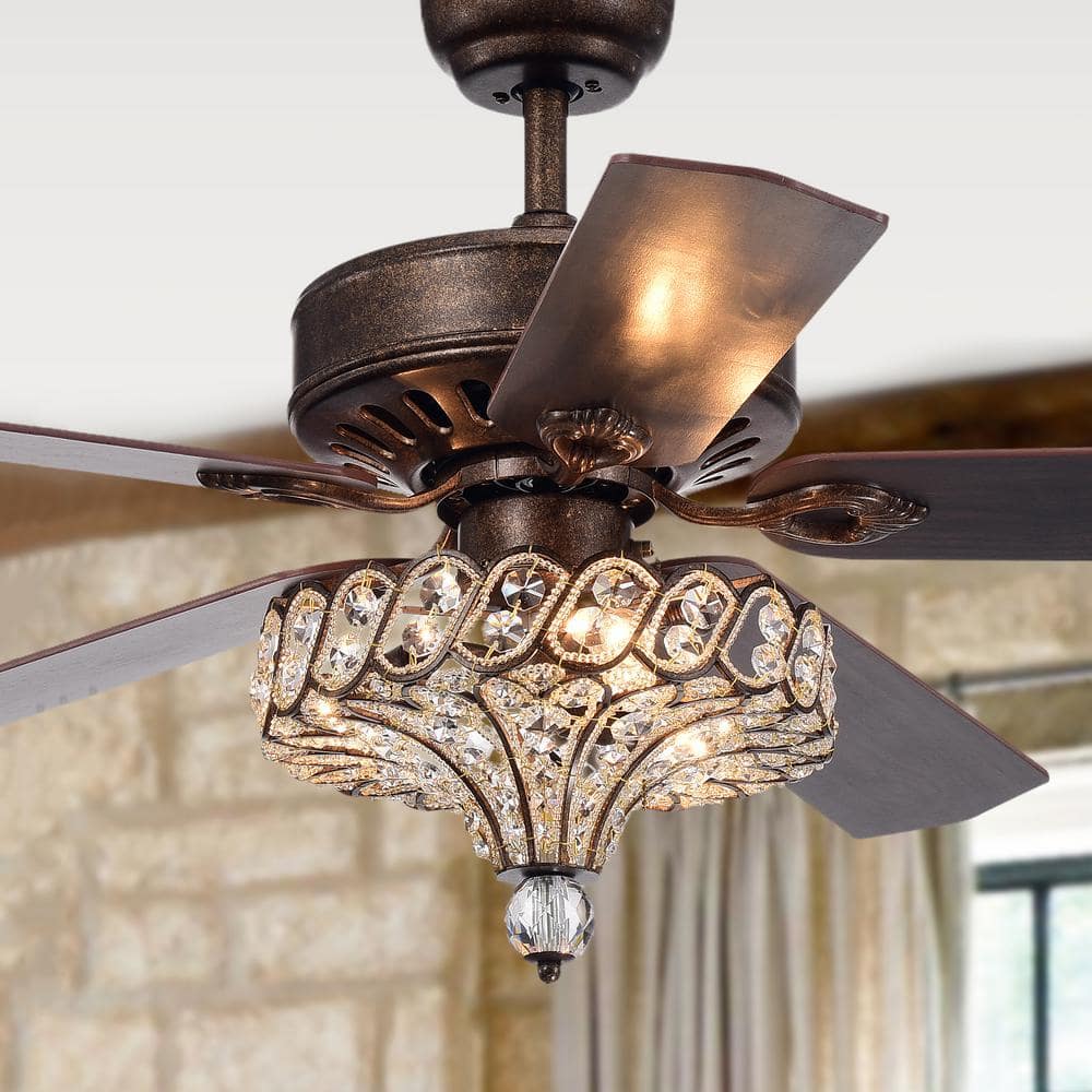 Antique Bronze 52-Inch Ceiling Fan with Crystal Chandelier and Remote