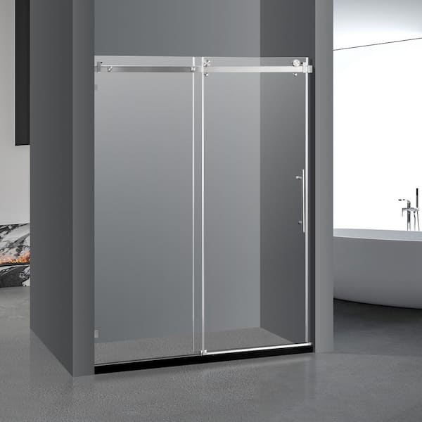 MEDUNJESS BradF 60 in. W x 76 in. H Sliding Frameless Shower Door in Brushed Nickel with 3/8 in. (10mm) Tempered Clear Glass
