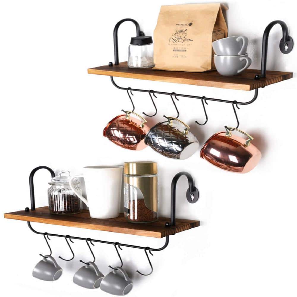 Wall Mounted Coffee Wall Shelf With Hooks 24" Rustic Wall Mounted Coat Rack  With Shelf Baskets