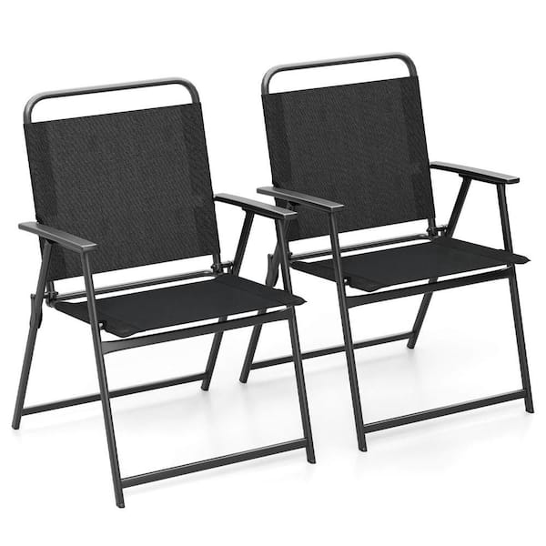 2-Pieces Black Patio Folding Chairs Heavy-Duty Metal Frame Armrests Portable Outdoor