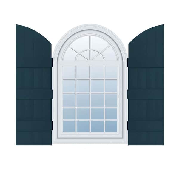 Ekena Millwork 14 in. x 73 in. Lifetime Vinyl Standard Four Board Joined w/ Archtop Board and Batten Shutters Pair Midnight Blue