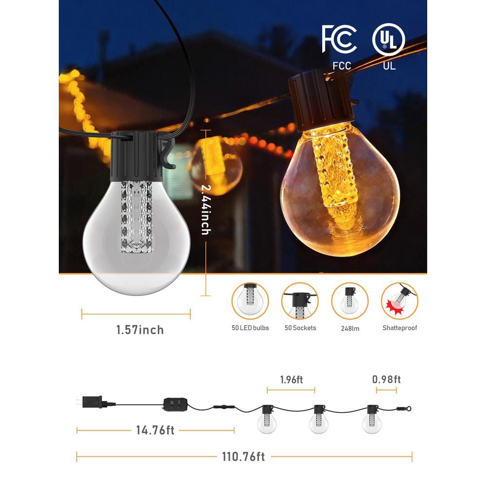 100ft Warm White LED Globe String Lights with Dimmer and Bluetooth Control