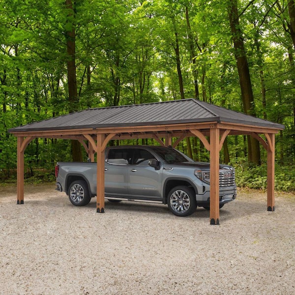 Barrington 24 ft. x 12 ft. Brown Cedar Wood Gazebo Carport Pavilion with Hardtop Steel Hip Roof and PowerPort
