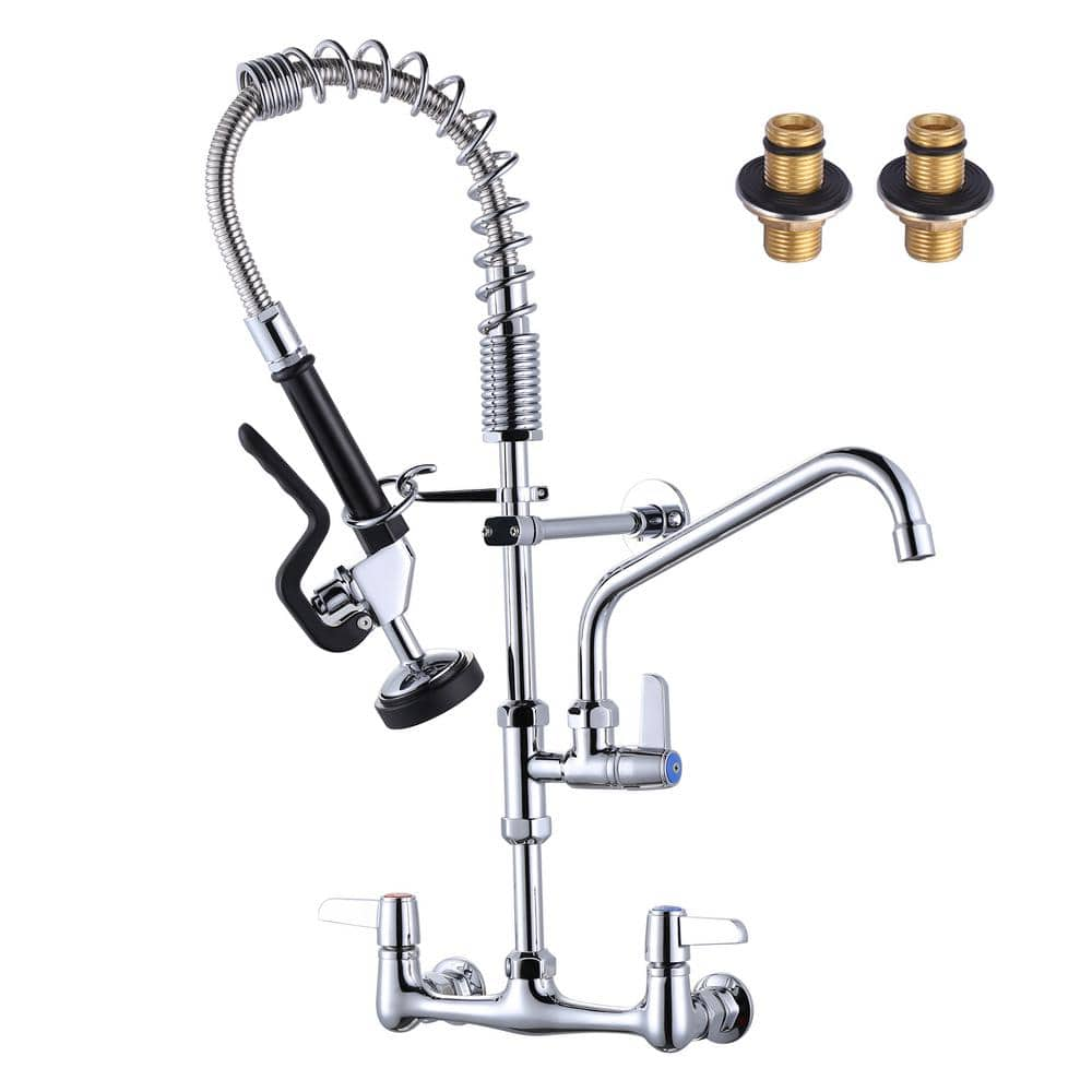 WOWOW Solid Brass 25 in. H Commercial Triple-Handle Pull Down Sprayer Kitchen Faucet with Pre-Rinse Sprayer in Chrome