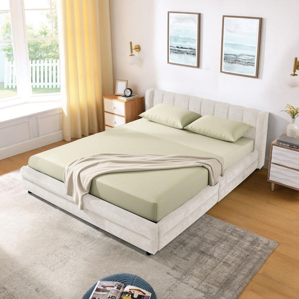 Troy Beige Wood Frame Queen Size Platform Bed with Chenille Fabric Upholstered Headboard, Drawers