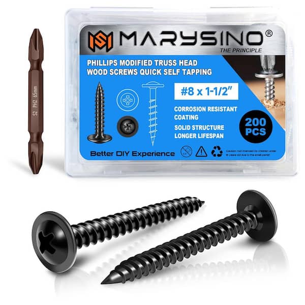 #8 x 1-1/2 in. Black Self Tapping Phillips Truss Head Wood Screw (200-Pack)