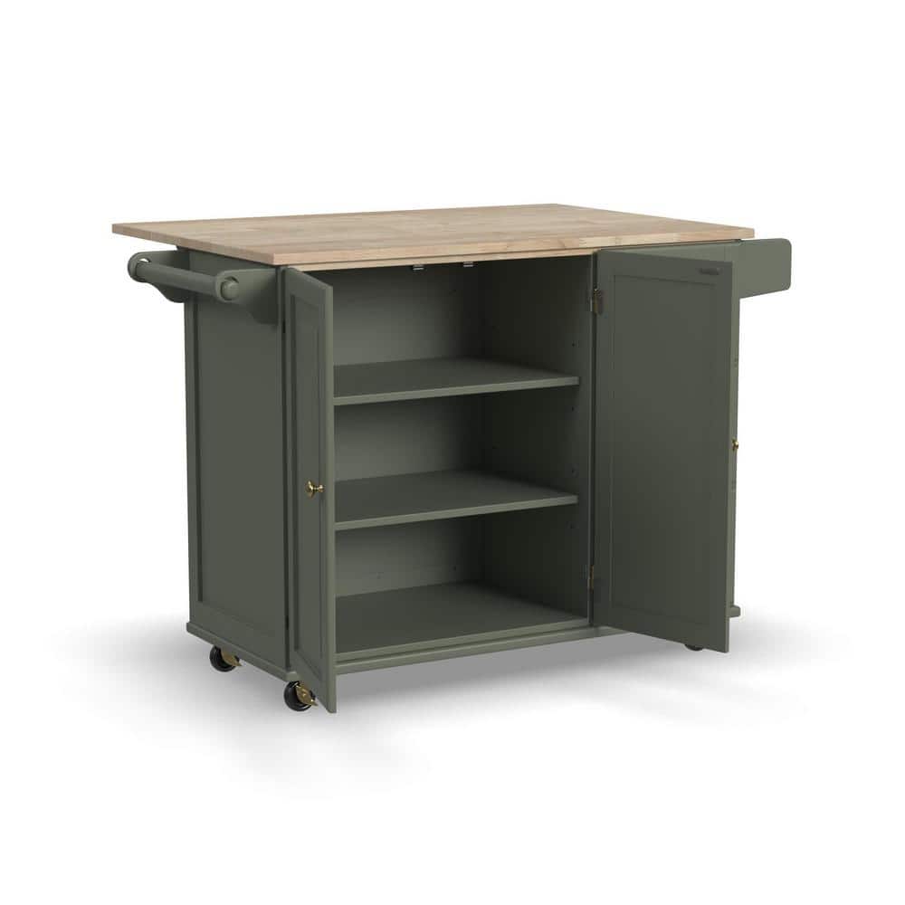 Sage Green Wood Kitchen Cart with Storage and Spice Rack
