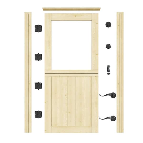 36 in. x 80 in. Solid Universal 1-Lite Clear Glass Unfinished Dutch Wood Prehung Front Door +Quick Assemble Jamb+lock