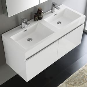 Mezzo 48 in. Vanity in White with Acrylic Vanity Top in White with White Basins and Mirrored Medicine Cabinet