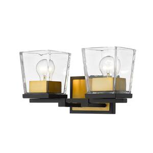 Bleeker Street 14 in. 2-Light Matte Black and Olde Brass Vanity Light with Clear Glass