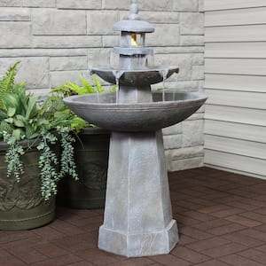 39 in. 2-Tiered Pagoda Outdoor Water Fountain with LED Light