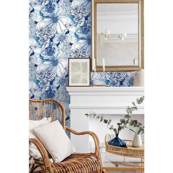 30.75 sq. ft. Celtic Blue Ink Rose Vinyl Peel and Stick Wallpaper Roll