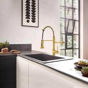 3 Way Spring Single Handle Pull Down Sprayer Kitchen Faucet, Kitchen Faucet with Drinking Water Filter in Brushed Gold