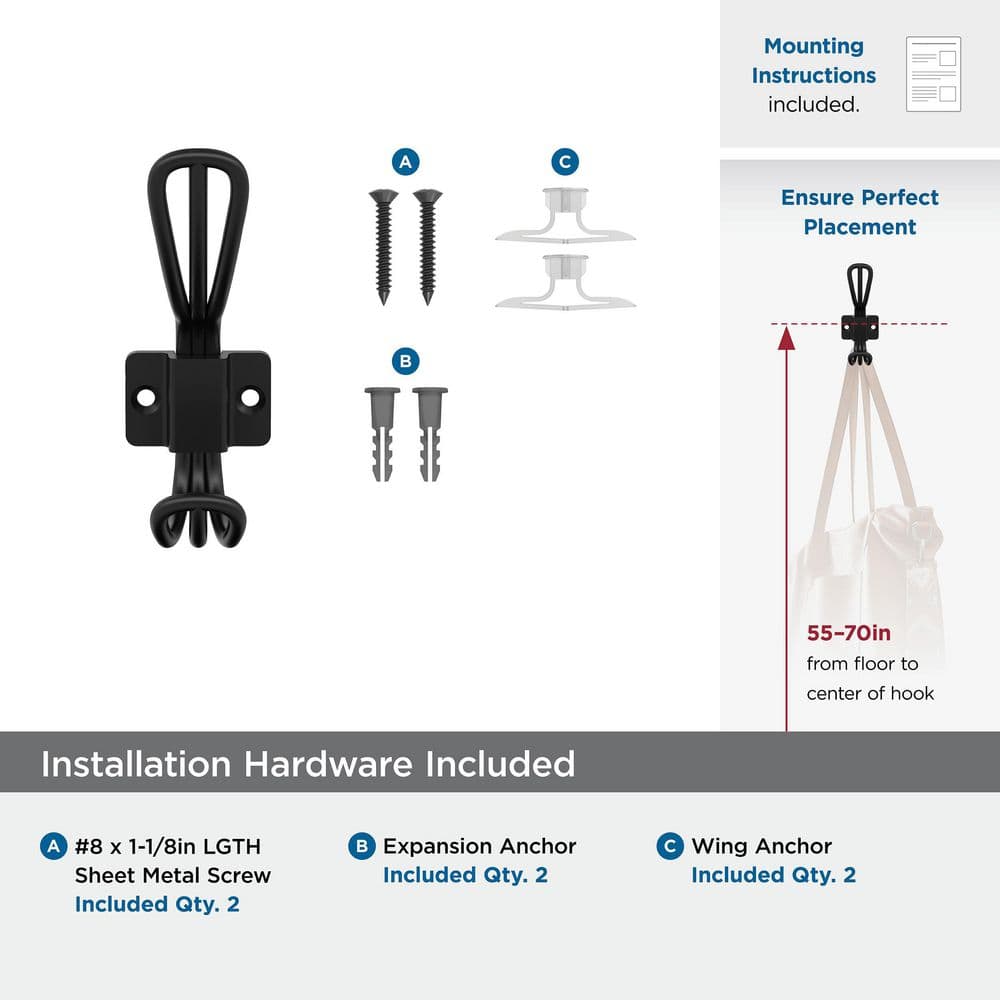 Matte Black Double Prong Decorative Metal Wall Hook