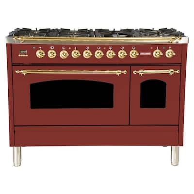 48 in. 5.0 cu. ft. Double Oven Dual Fuel Italian Range with True Convection, 7 Burners, Griddle, Brass Trim in Burgundy