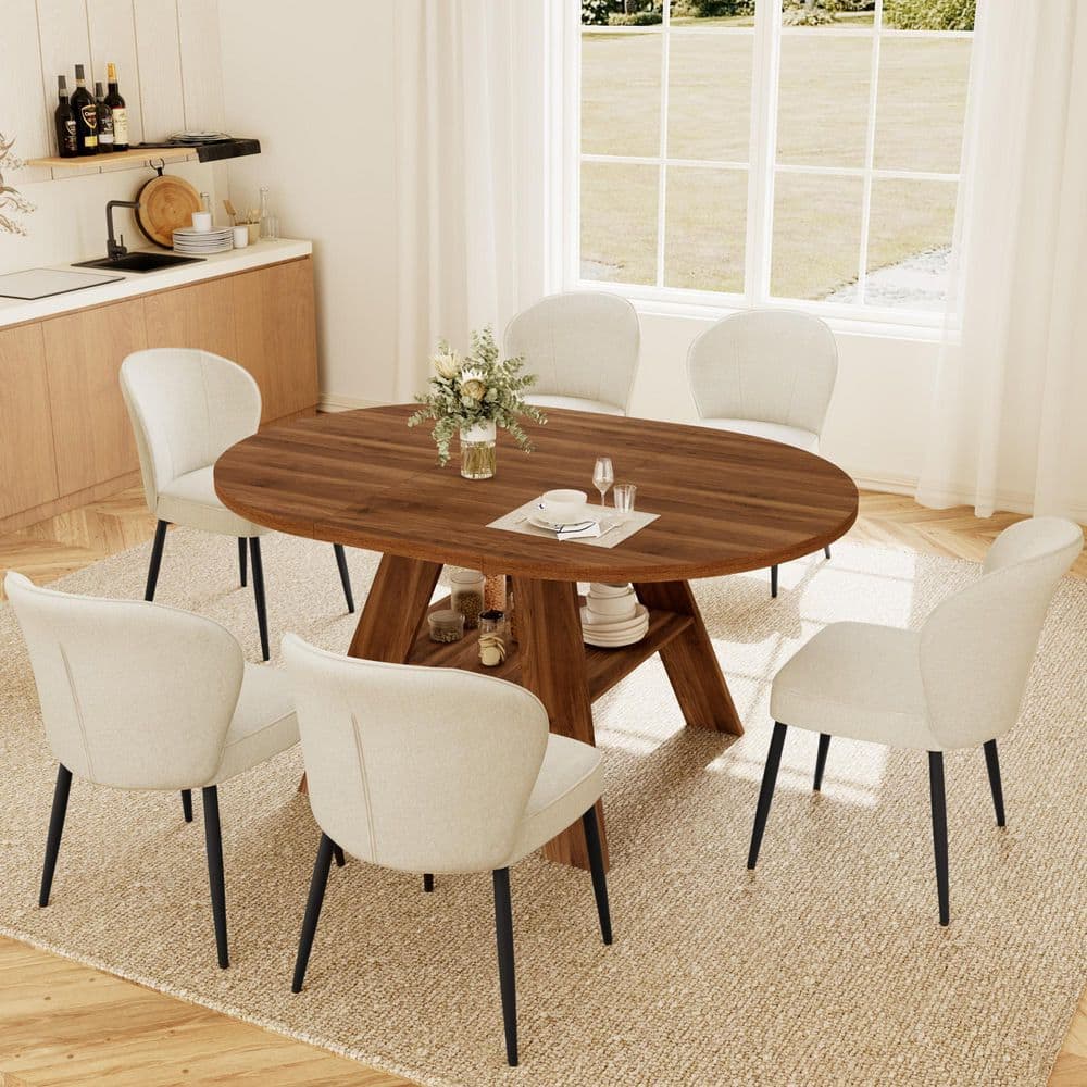 7-Pieces Round Walnut MDF Top Extendable Dining Table Set Seating 6 People with 6 White Chairs price history on PriceWatchPro