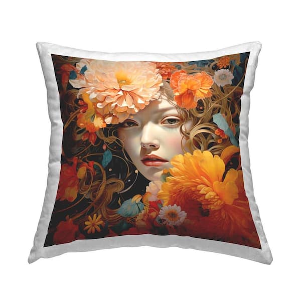 Stupell Industries Gazing Girl and Florals Multi-Color Floral Polyester 18 in. x 18 in. Throw Pillow