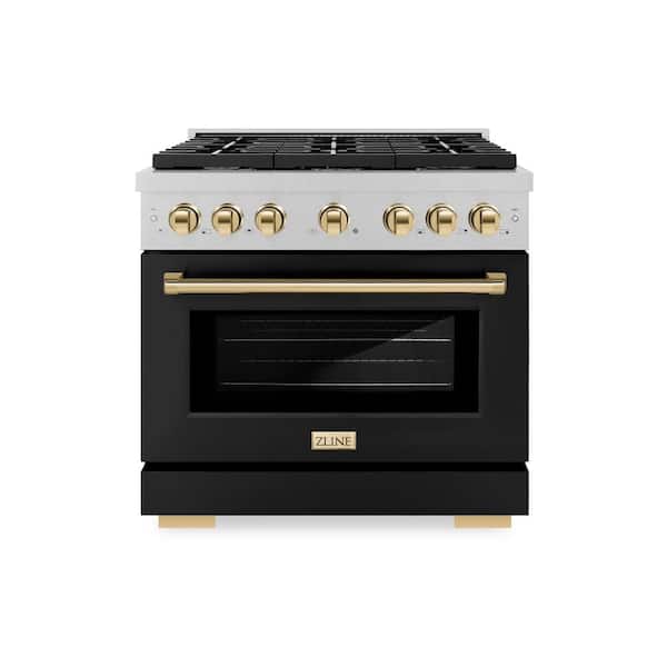 ZLINE Kitchen and Bath Autograph 36 in. Paramount Dual Fuel Range with 6 Burners and Oven in Satin Steel with Black and Gold Accents