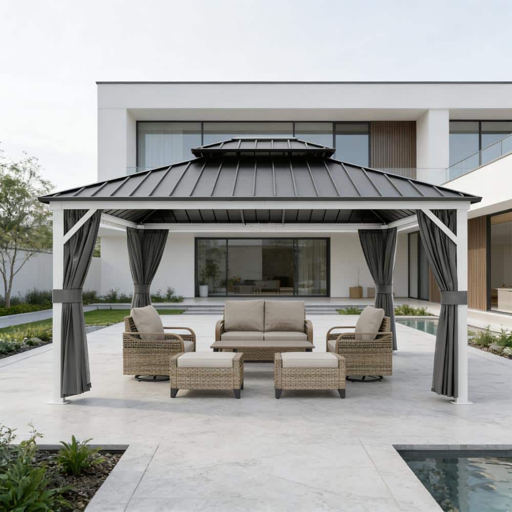 Shade Graphix 14 ft. W x 12 ft. D Hardtop Gazebo 2-Tier Heavy-Duty Galvanized Steel Roof Aluminum Frame w/ Net Mesh Privacy Curtain