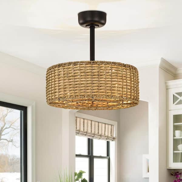 Heritage 12 in. 4-Light Indoor Black/Nature Ratten Downrod Type Farmhouse Drum Ceiling Fan Downrod Included