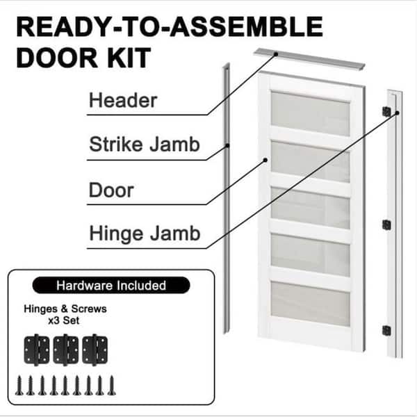 30 in. x 80 in. 5-Lite Frosted Glass Right White Solid Core Glass Single Prehung Interior Door with Quick Assemble Jamb