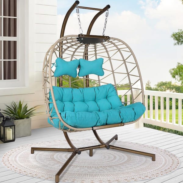FINCATI Beige Wicker Outdoor Double Hanging Swing Egg Chair With Stand and Cadet Blue Cushions