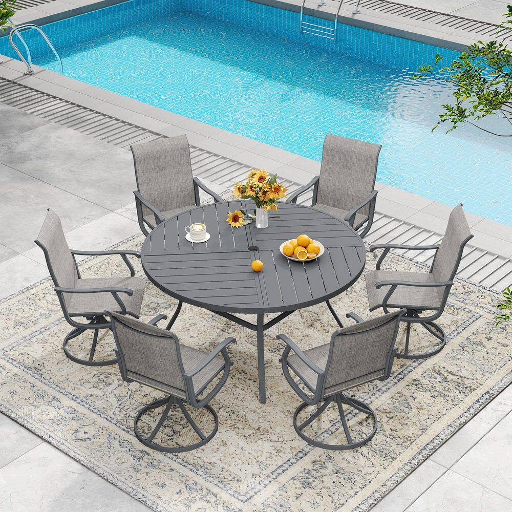 All Weather 7-Piece Metal Outdoor Patio Dining Set with 53.1 in. Gray Round Table and 6 Gray Swivel Dining Chairs price history on PriceWatchPro